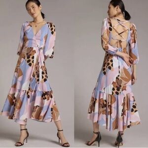 Anthropologie hutch bloom wrap midi dress lace up back wedding guest dress 1X